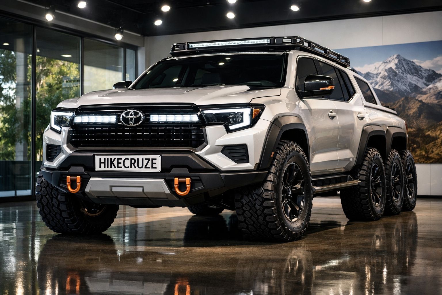 Veículo Toyota branco de seis rodas todo-o-terreno em ambiente interior moderno.