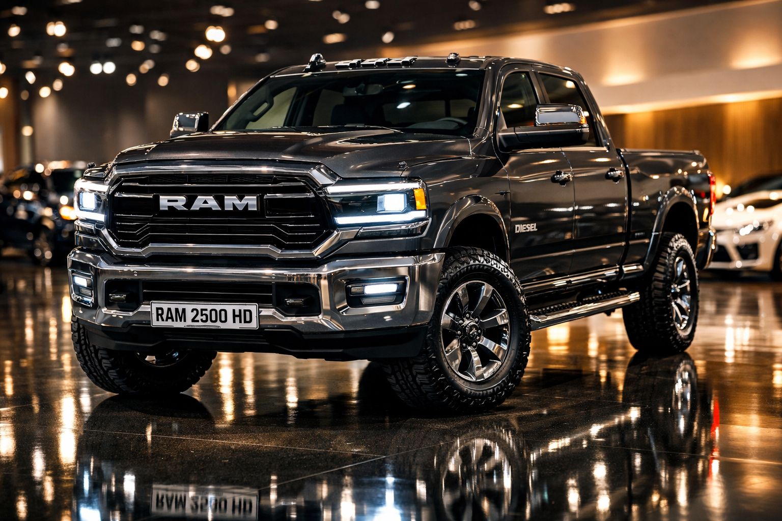 Pick-up preta RAM 2500 HD Diesel em ambiente interno com iluminação refletida no chão brilhante.