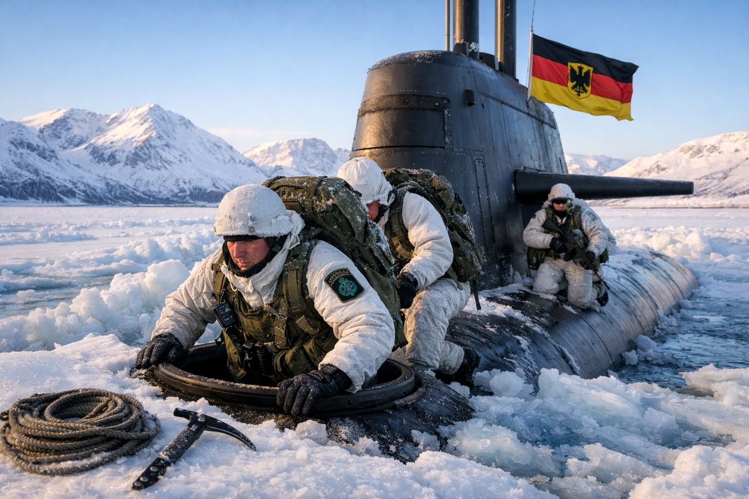 Soldados alemães vestidos com roupa branca de inverno saem de um submarino cercado por gelo e montanhas nevadas.