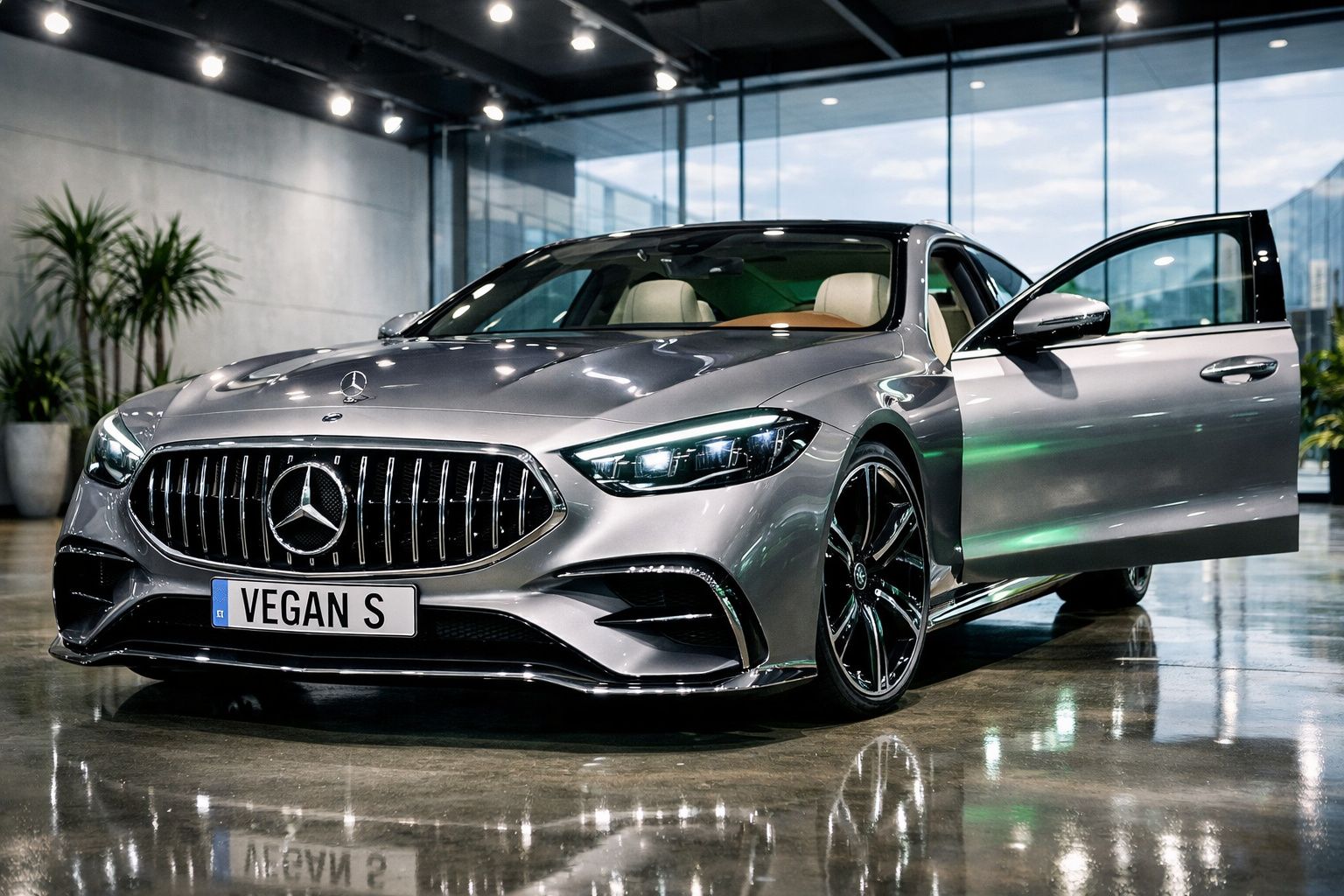 Mercedes-Benz cinzento com matrícula personalizada "VEGAN S" estacionado em espaço moderno, porta dianteira aberta.