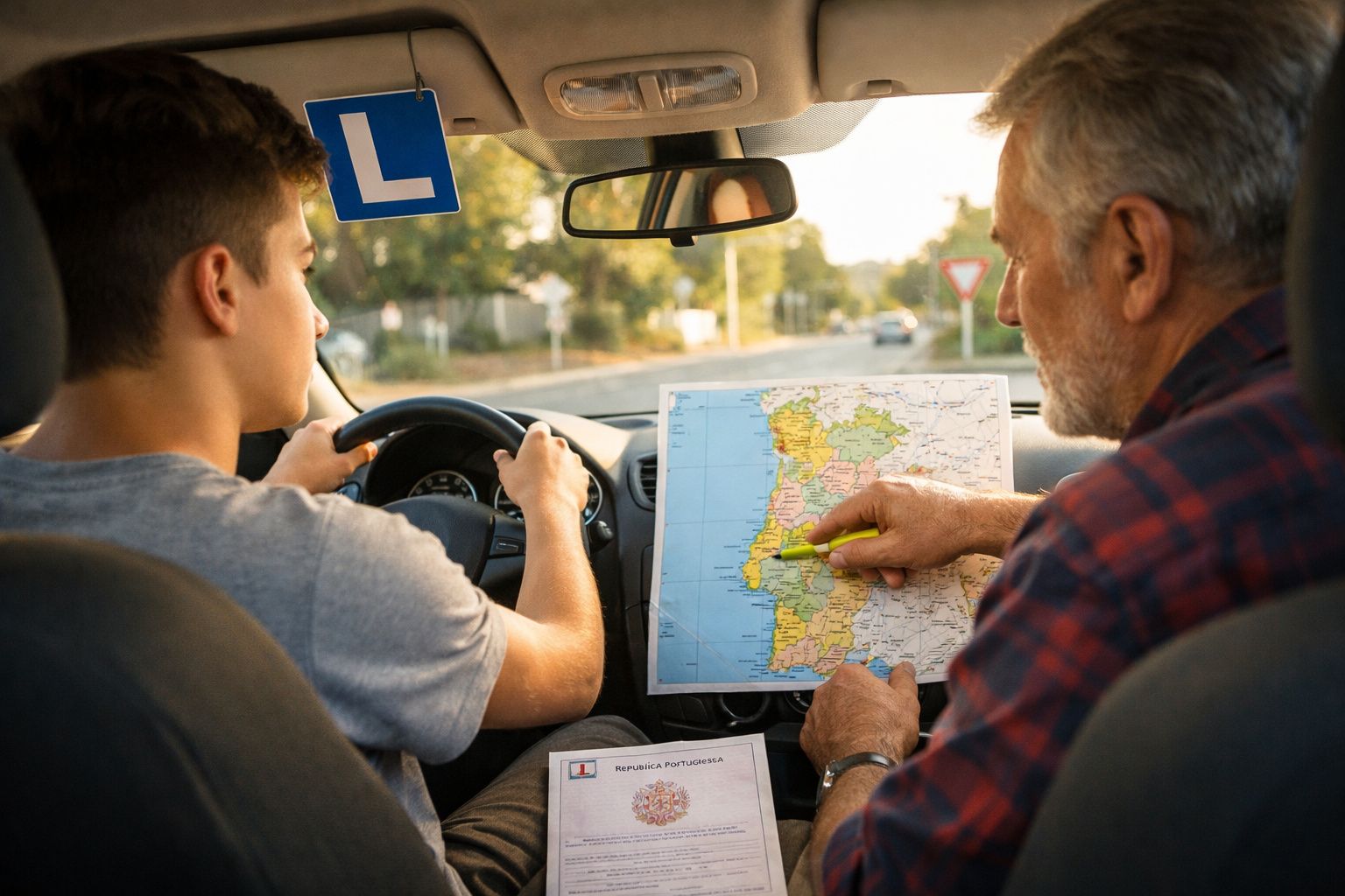 Aluno condutor ao volante com instrutor a mostrar mapa de Portugal dentro de um carro com sinal de aprendizagem.