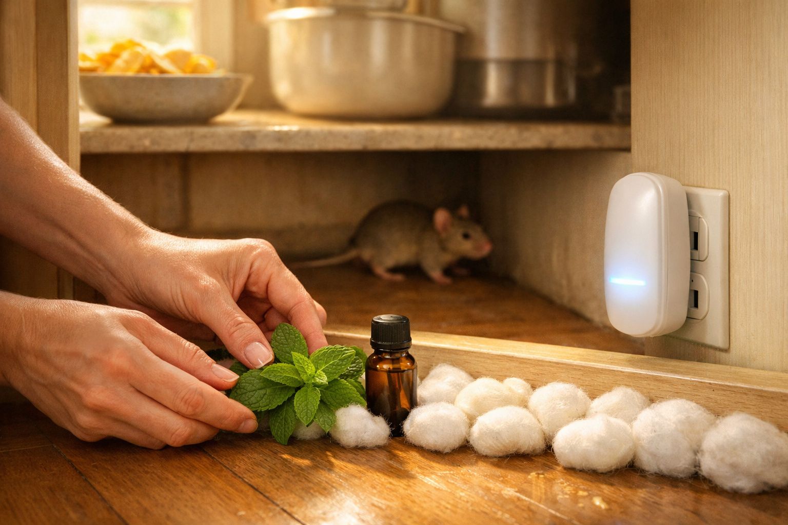 Mãos a preparar folhas de hortelã, vidro de óleo essencial, bolinhas de algodão e rato num armário com repelente ligado.