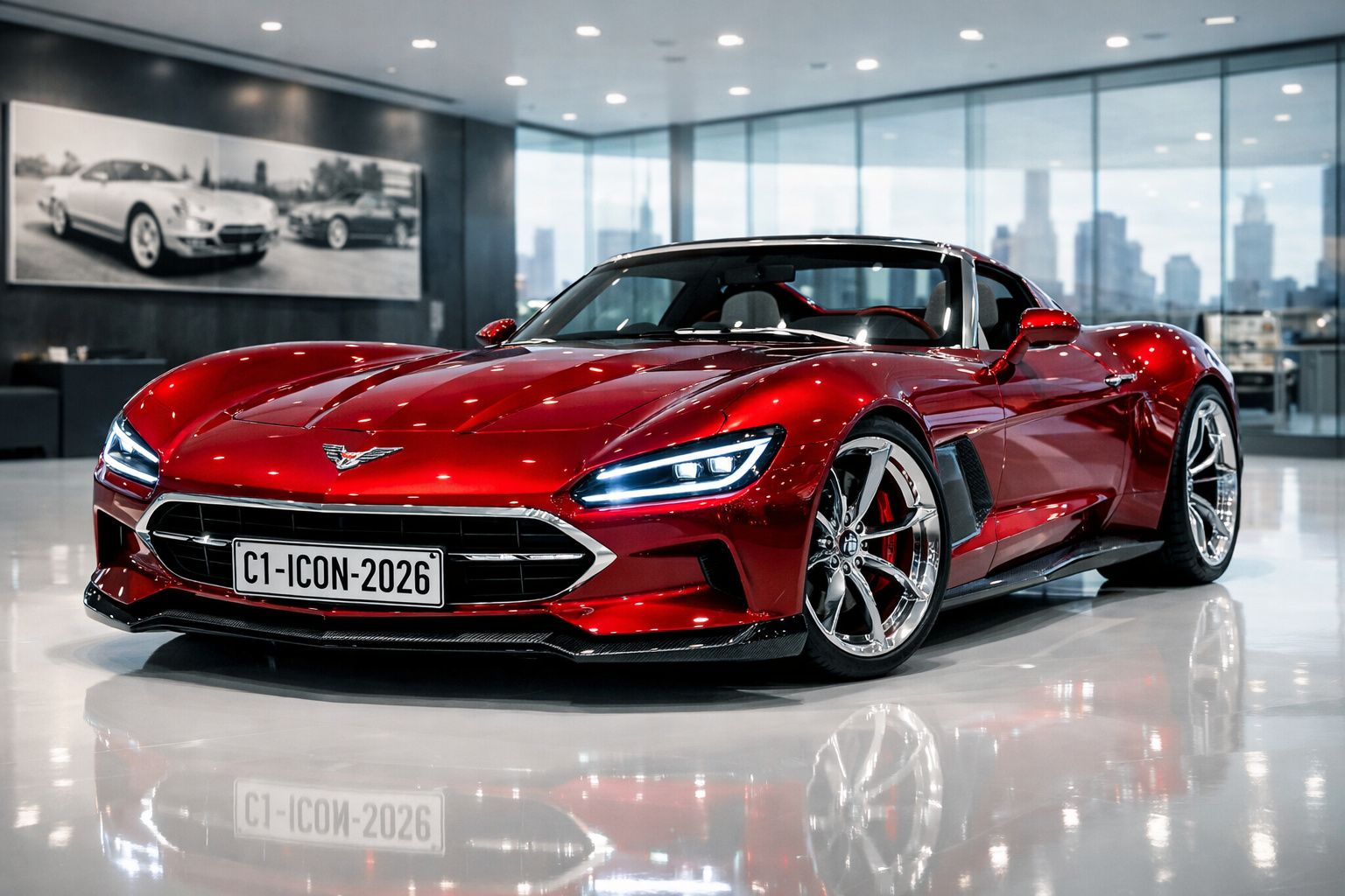 Carro desportivo vermelho brilhante com faróis LED, rodas cromadas, em showroom moderno com janelas amplas.