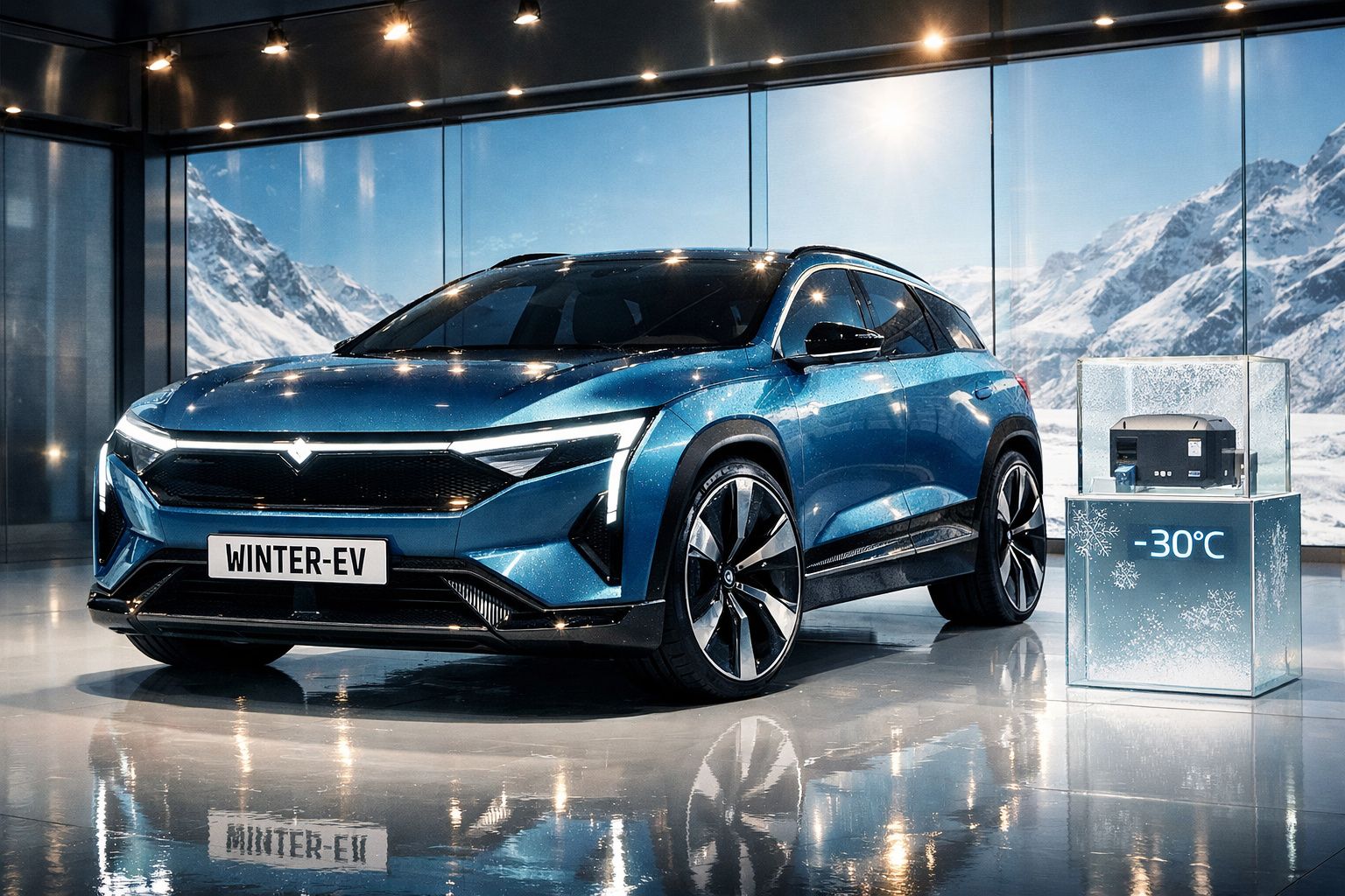 Carro elétrico azul WINTER-EV exposto em ambiente moderno com janela para montanhas nevadas a -30°C.