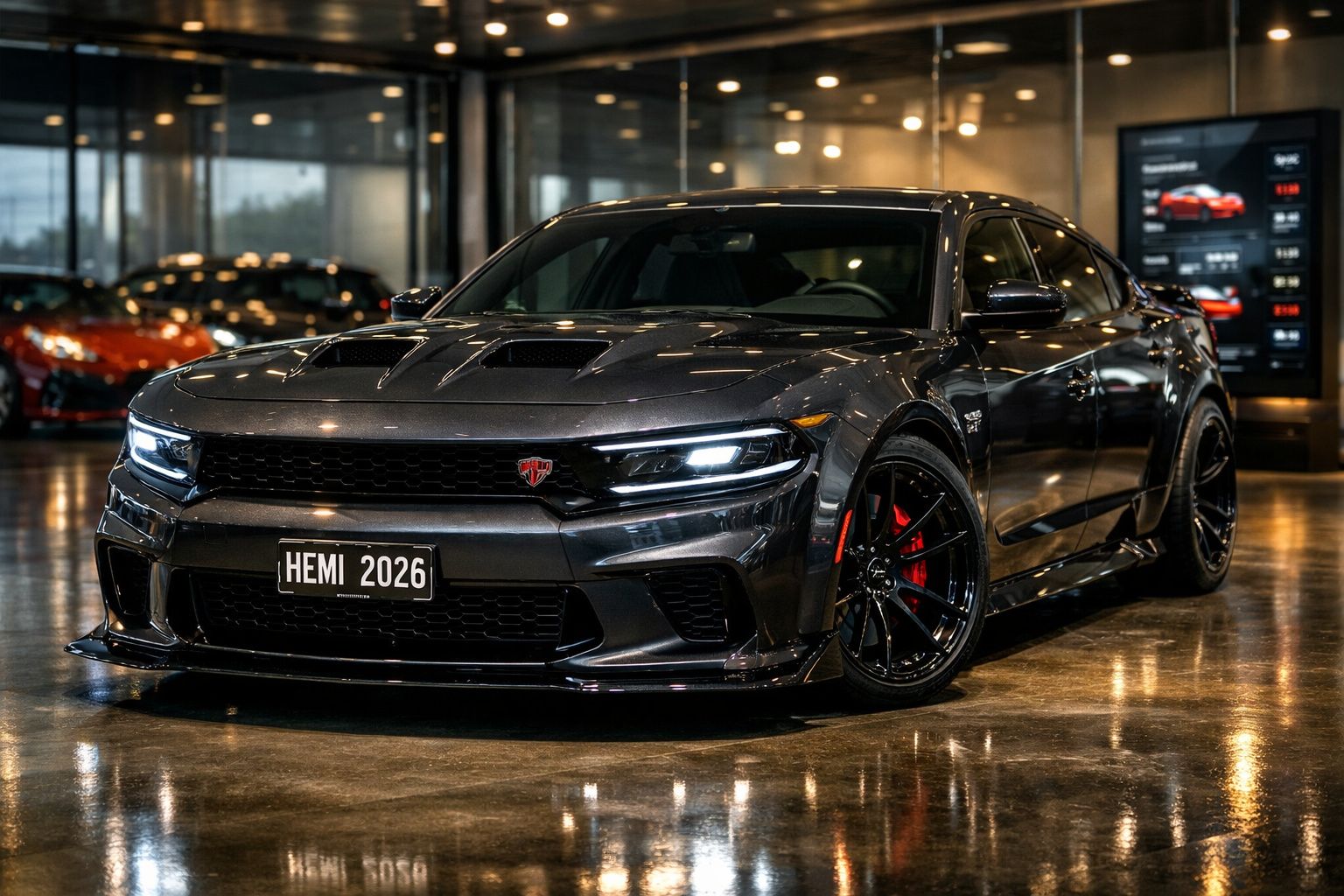 Carro desportivo preto com faróis led ligados e jantes pretas em showroom moderno e iluminado.