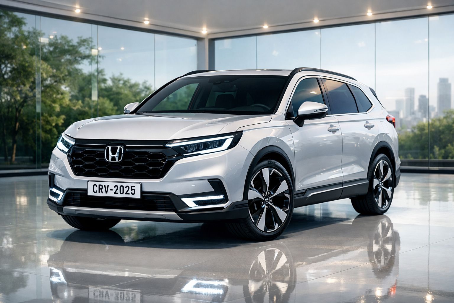 Honda CR-V 2025 prateado estacionado em espaço fechado com janelas grandes e vista urbana.