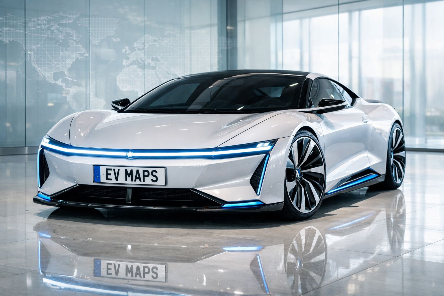 Carro elétrico desportivo branco com luzes LED azuis em exibição num espaço moderno e brilhante.