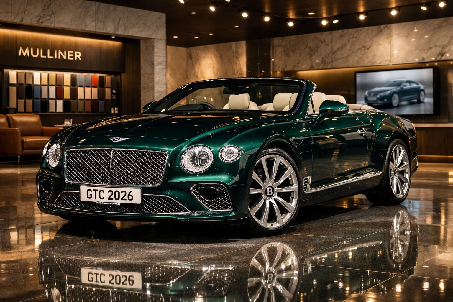 Carro conversível verde escuro Bentley exposto em showroom luxuoso, com interior bege e faróis redondos.