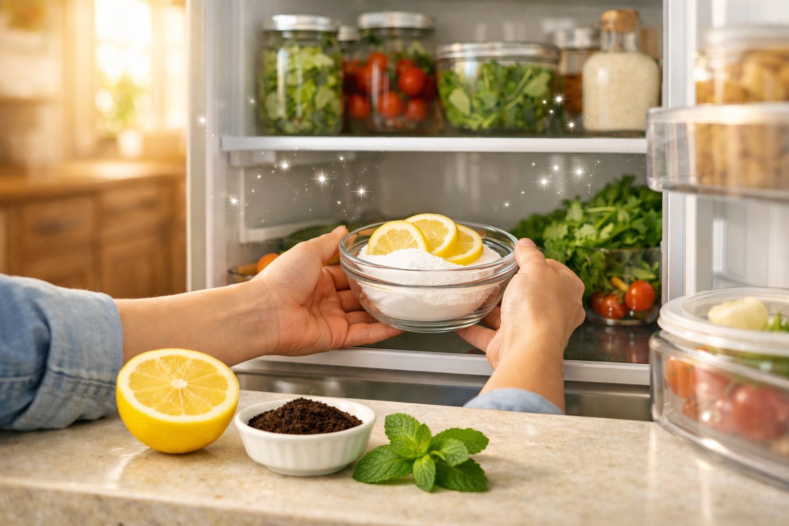 Mãos a guardar taça com limão e bicarbonato na geladeira, com legumes e ervas frescas à volta.