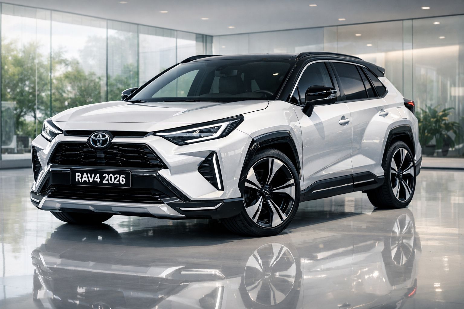 Toyota RAV4 2026 branco estacionado em ambiente moderno interior com luz natural refletida no chão.