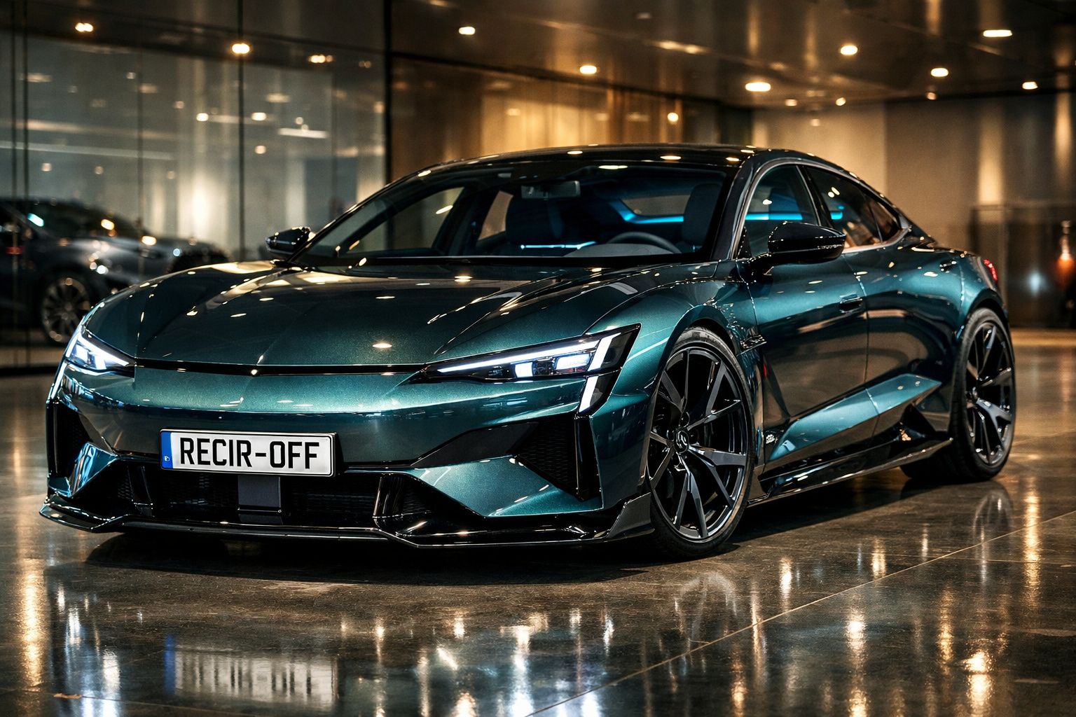 Carro desportivo elétrico verde metálico com faróis LED ligados, estacionado em piso refletor num interior moderno.