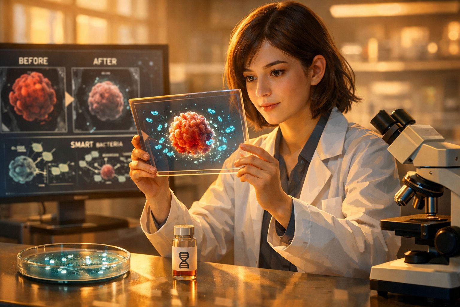 Cientista mulher a analisar imagem digital de bactéria em laboratório com microscópio e ecrã ao fundo.