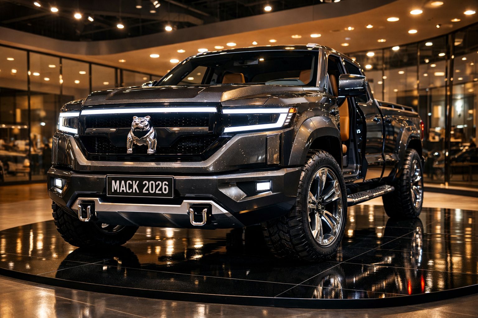 Carrinha pickup preta Mack 2026 com iluminação LED e interior castanho, exibida em showroom moderno.