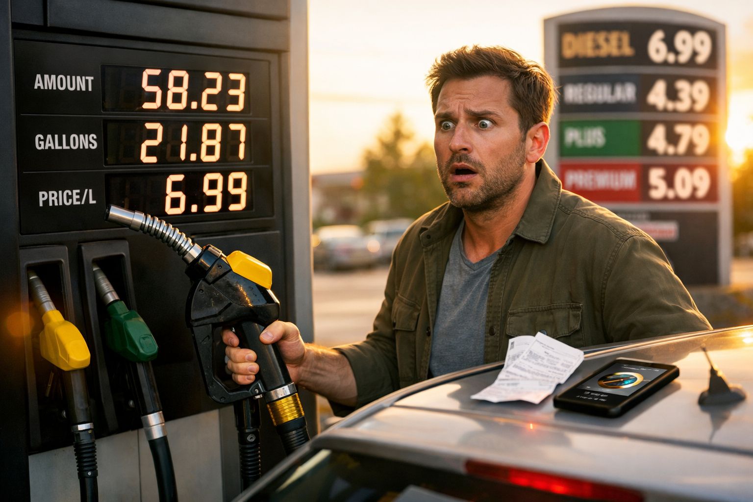 Homem com expressão chocada a encher o depósito de gasolina com preço elevado num posto de combustível.