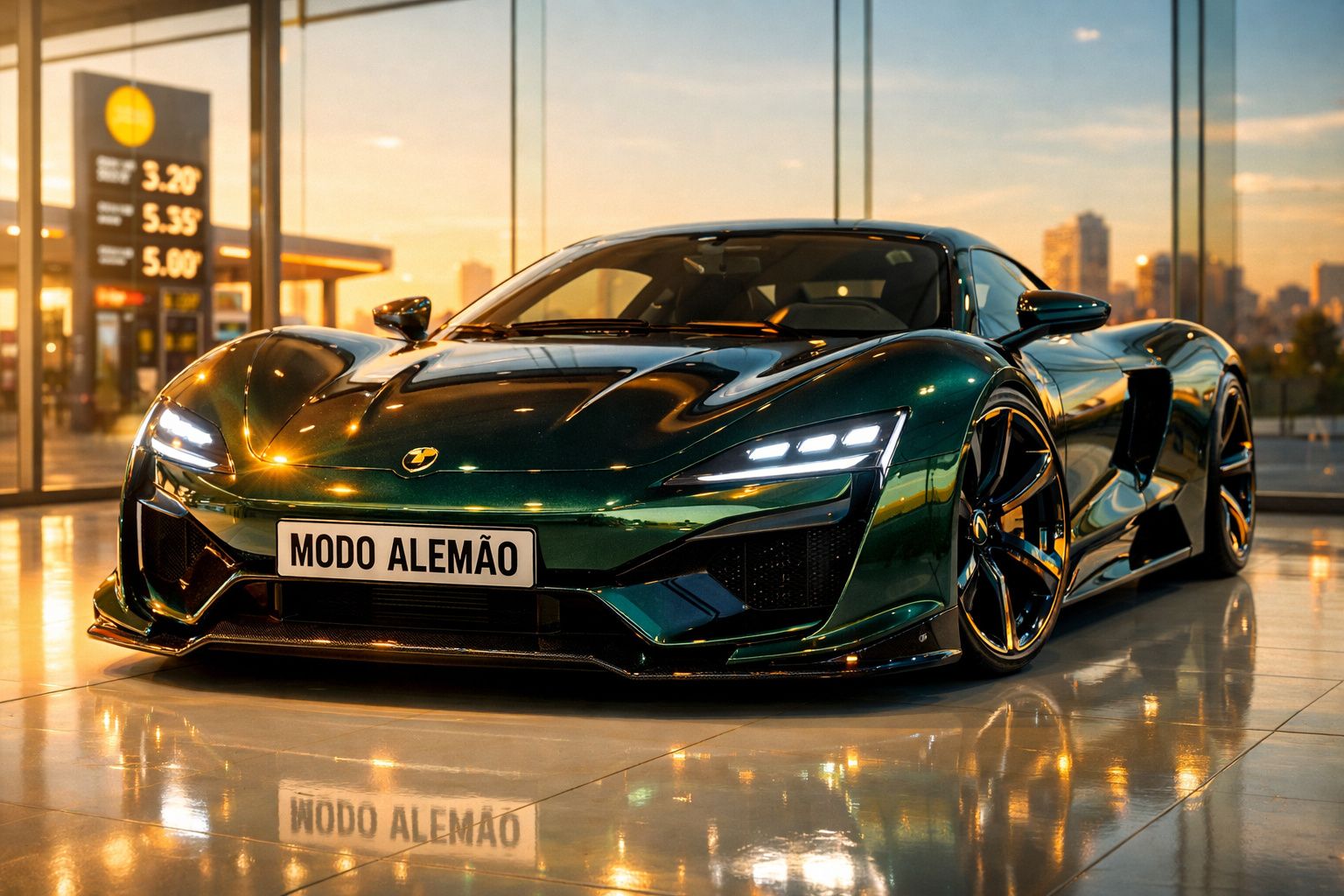 Carro desportivo verde brilhante com matrícula "MODO ALEMÃO" numa garagem com iluminação quente ao pôr do sol.