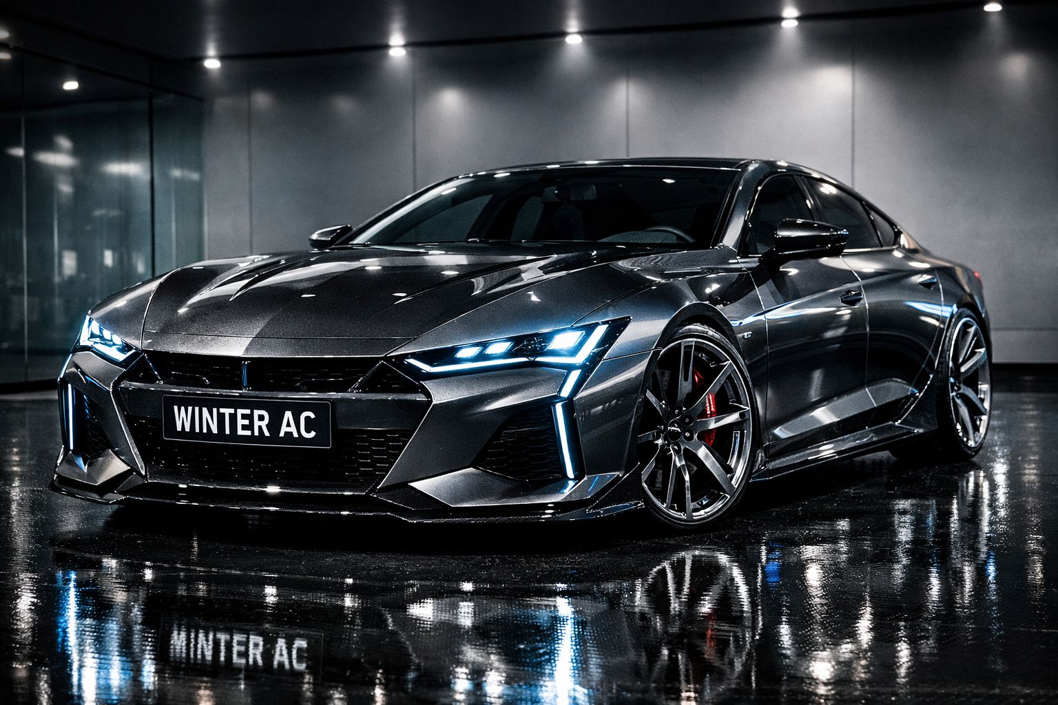 Carro desportivo cinza metalizado com faróis LED acesos e placa “WINTER AC” numa garagem moderna e iluminada.