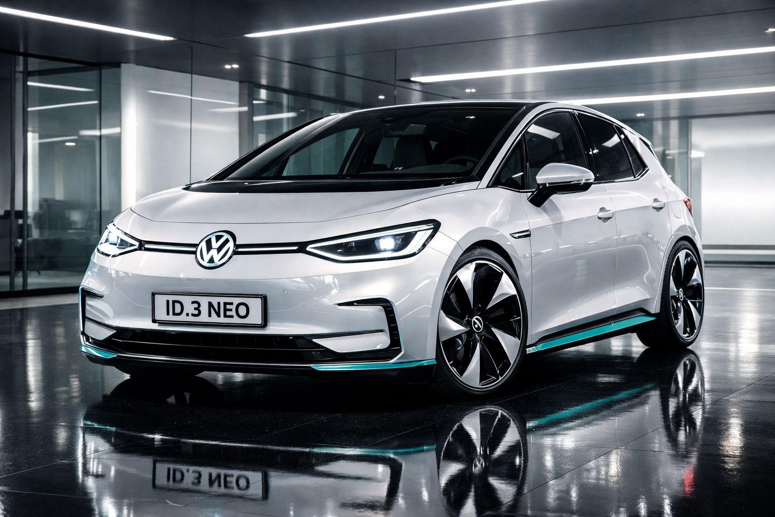 Carro elétrico Volkswagen ID.3 Neo branco estacionado num interior moderno e iluminado.