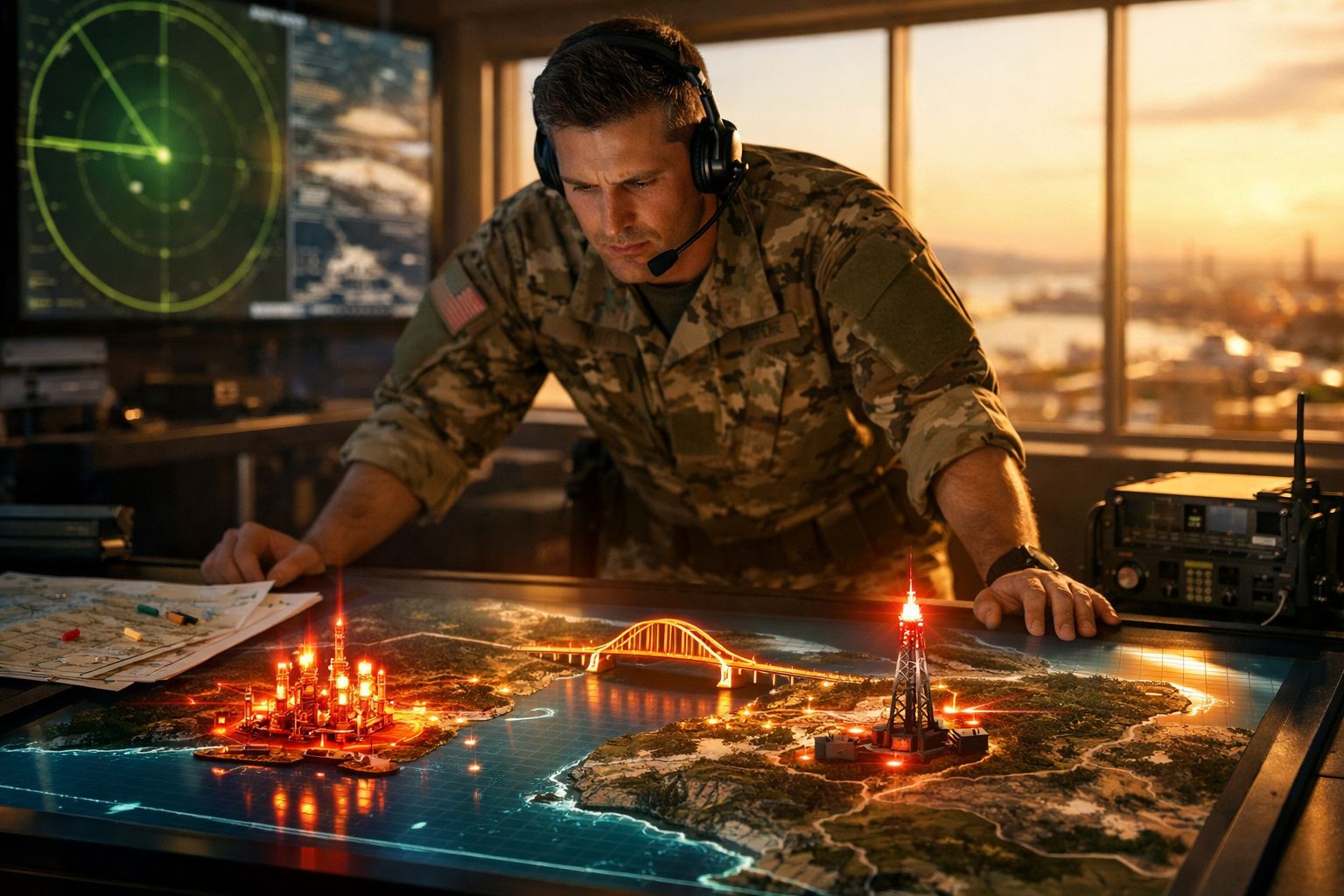 Militar em farda camuflada com headset analisa comando tático com mapa digital e radar ao fundo, ao pôr do sol.