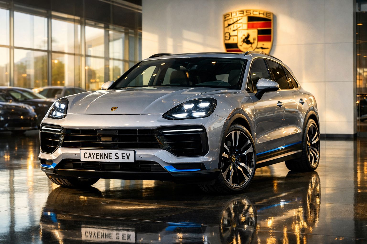 Carro elétrico Porsche Cayenne S EV cinzento num showroom iluminado refletido no chão brilhante.