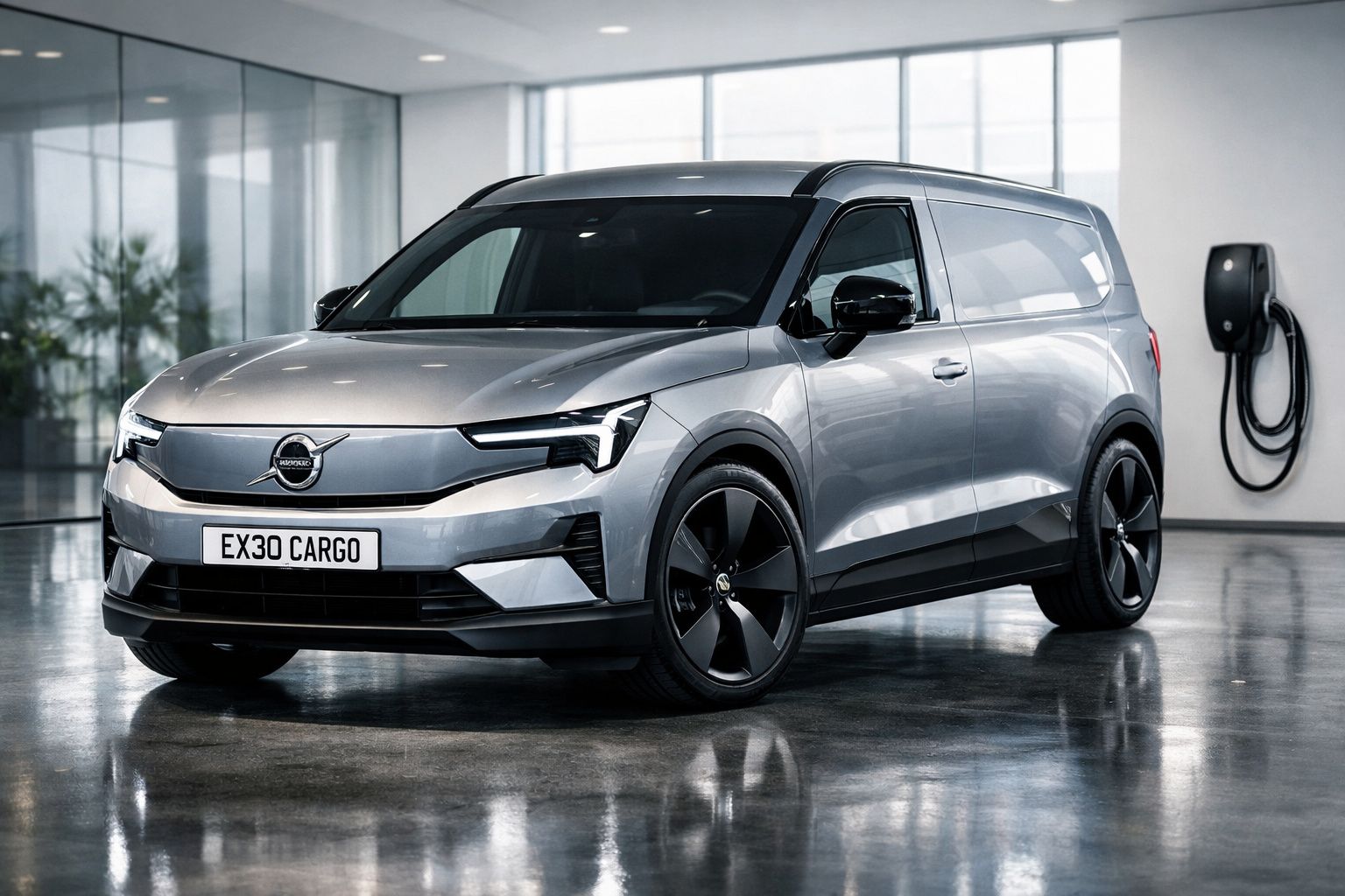 Carrinha eléctrica Volvo EX30 Cargo prateada estacionada junto a carregador num espaço fechado moderno.