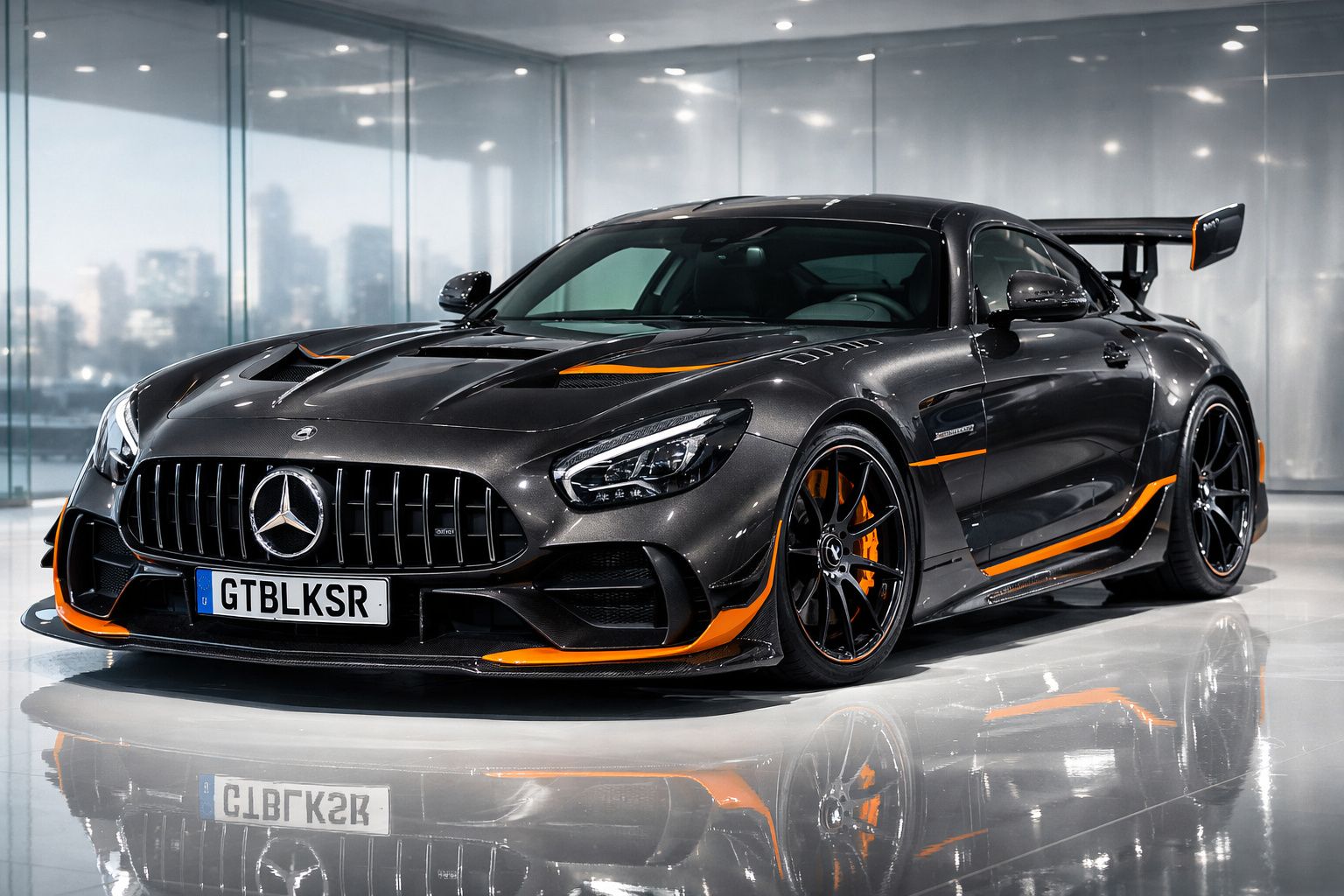 Mercedes AMG GT preto com detalhes laranja, design desportivo, em ambiente interior moderno e refletivo.