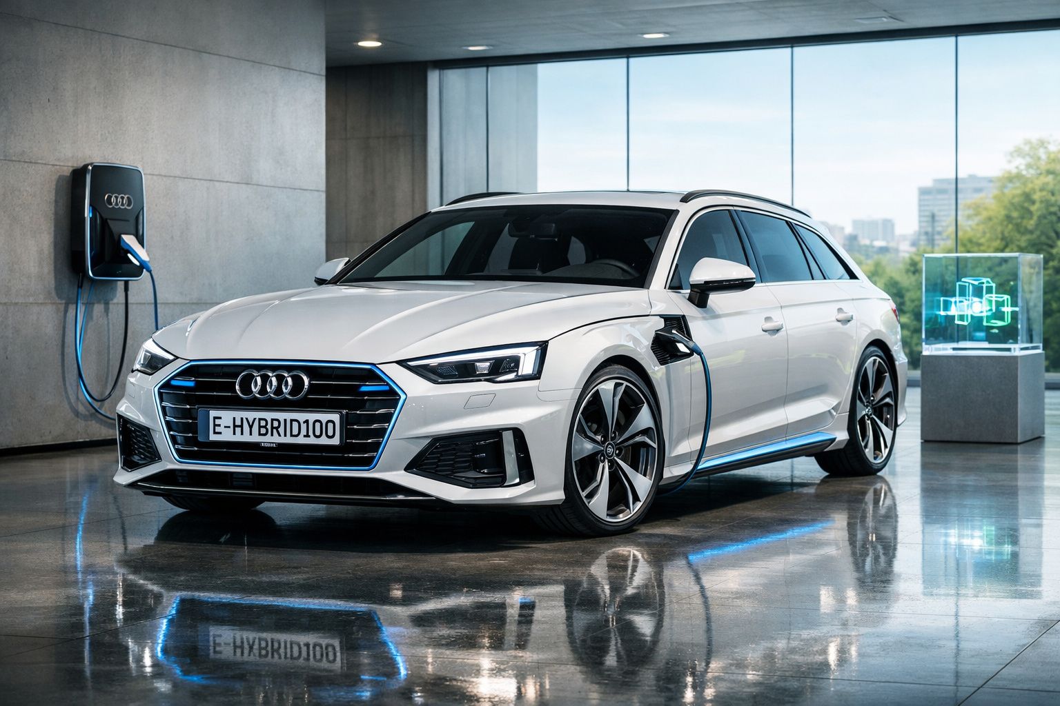 Carro elétrico Audi branco estacionado e ligado a carregador numa garagem moderna e iluminada.