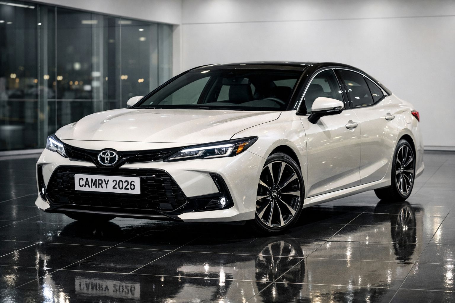 Automóvel Toyota Camry branco 2026 estacionado em chão de azulejos escuros com fundo neutro interior.