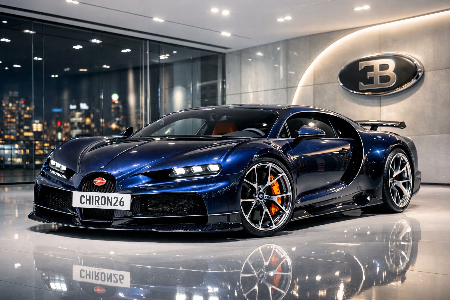 Bugatti Chiron azul metálico estacionado num showroom moderno com logo Bugatti na parede.