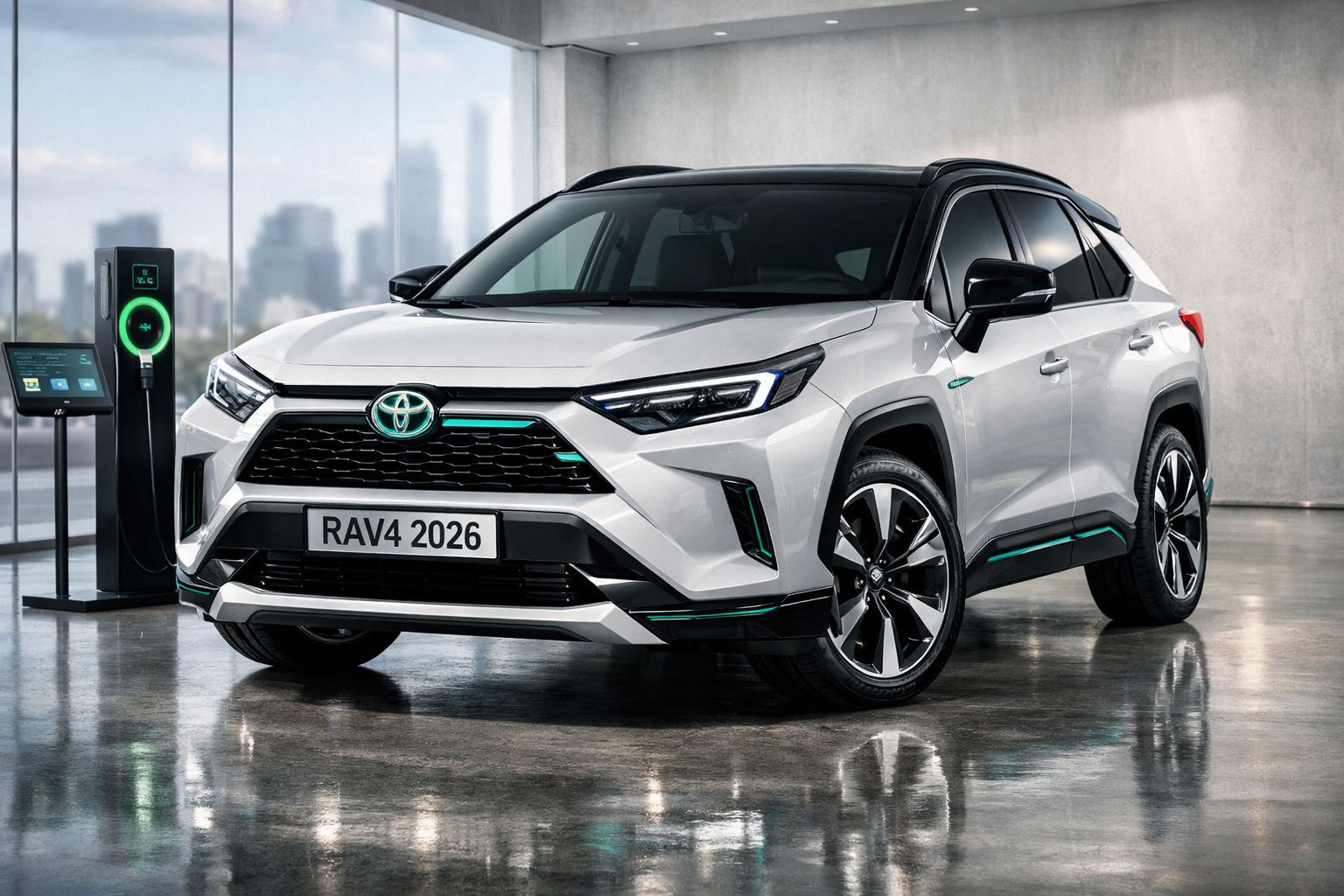 SUV Toyota RAV4 2026 branco a carregar em posto de carregamento elétrico num interior moderno.