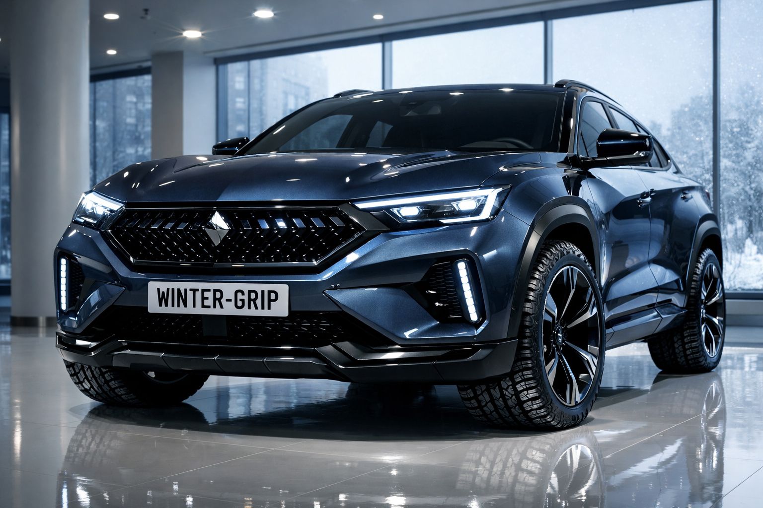 Carro SUV moderno azul escuro com luzes LED ligado, pneus Winter-Grip, em showroom com grandes janelas.