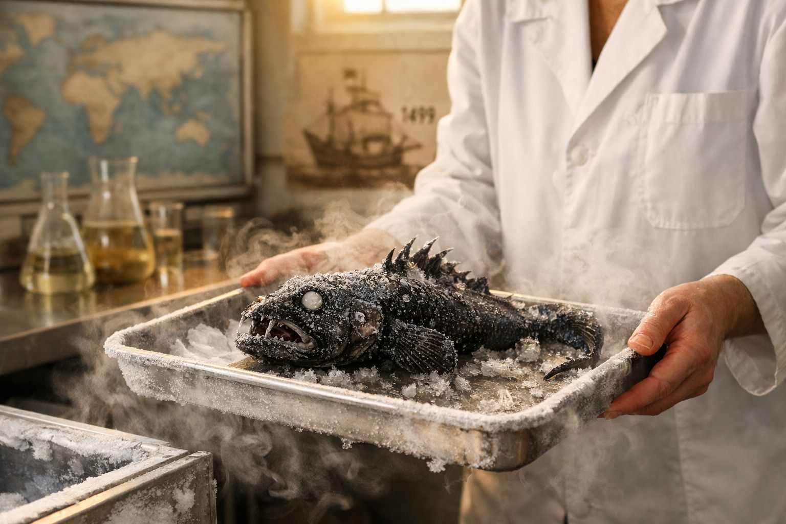 Pessoa de jaleco branco segura tabuleiro com peixe preto congelado a fumegar numa cozinha.