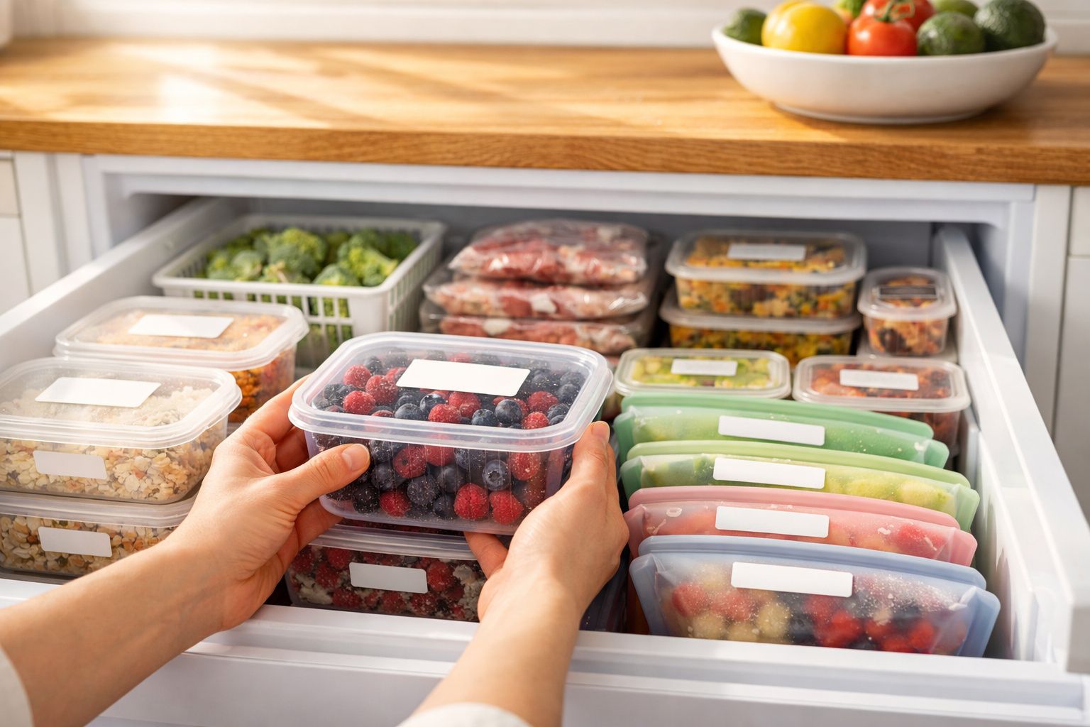 Mãos a guardar frutos vermelhos em recipiente plástico dentro de frigorífico cheio de diversos alimentos embalados.