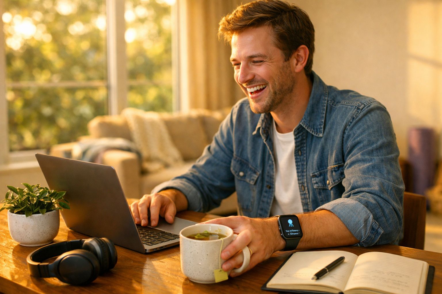Homem sentado a trabalhar no computador portátil, a sorrir e a segurar uma caneca numa mesa com plantas e caderno.