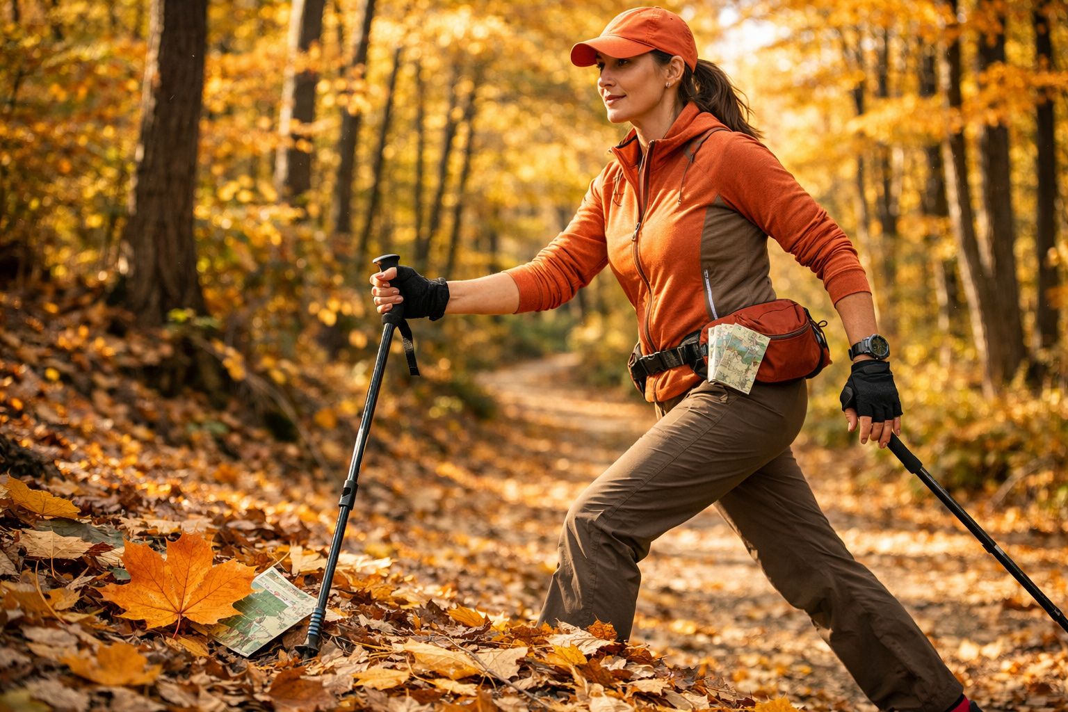 Mulher vestida de laranja a fazer caminhada com bastões numa floresta de outono com folhas caídas no chão.
