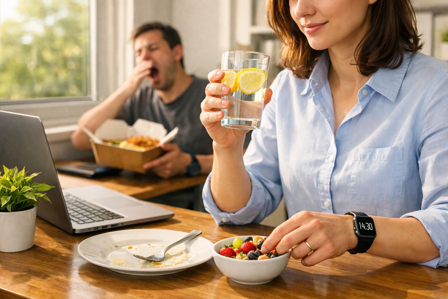 Mulher a comer fruta e beber água com limão, homem ao fundo a bocejar com caixa de comida na mão.