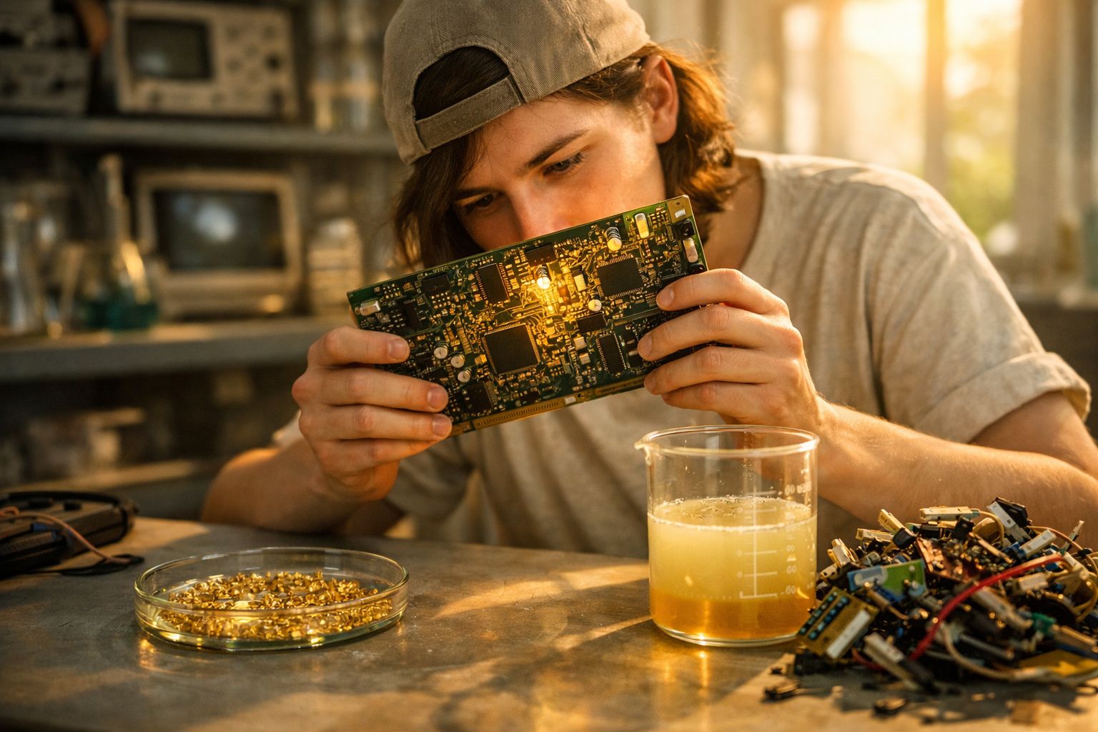 Jovem com boné analisa uma placa eletrónica perto de componentes e béquer com líquido amarelo.