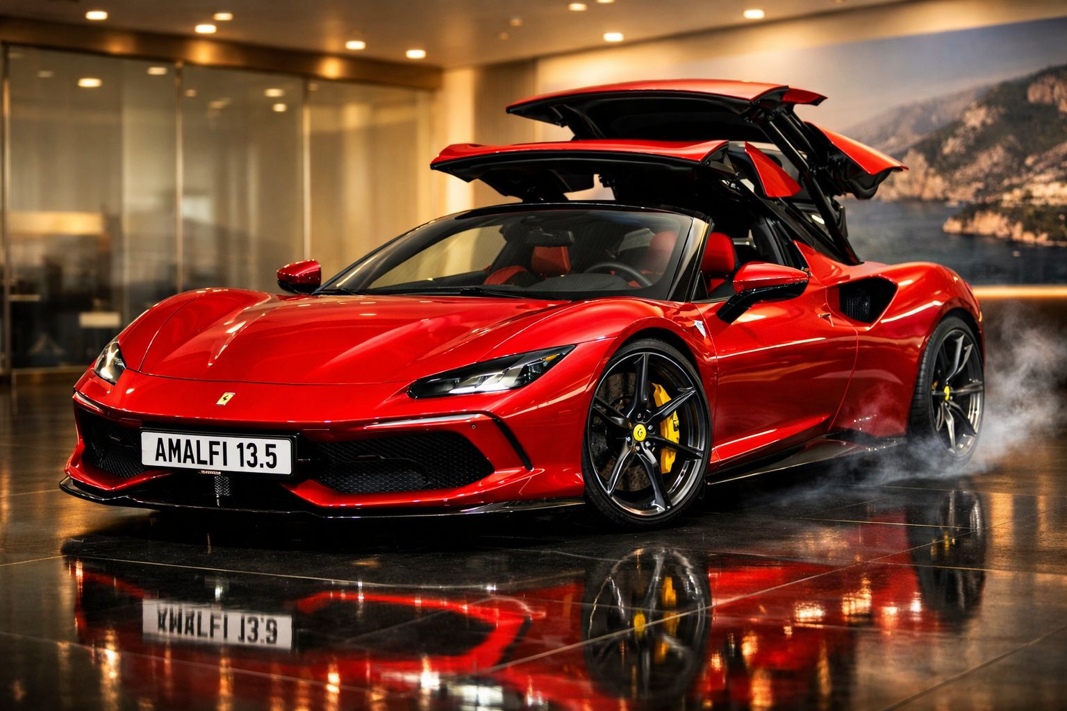 Carro desportivo vermelho com portas em asa de gaivota aberto, estacionado em espaço interior moderno.