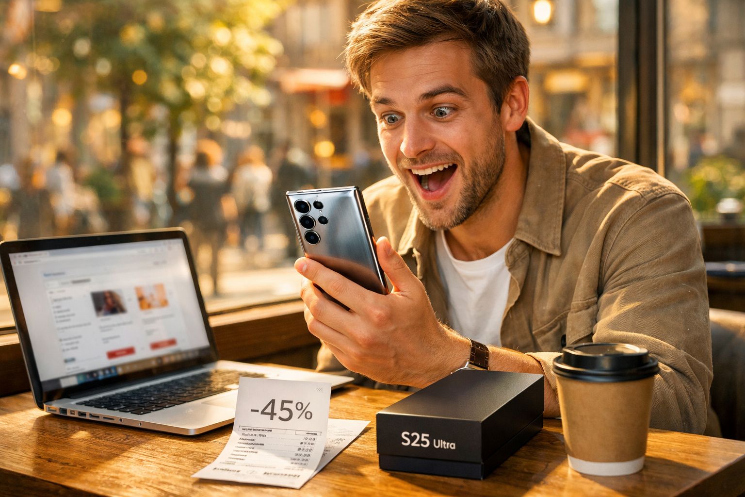 Homem sorridente olha para telemóvel novo ao lado de caixa, laptop e recibo com desconto de 45% numa mesa de café.