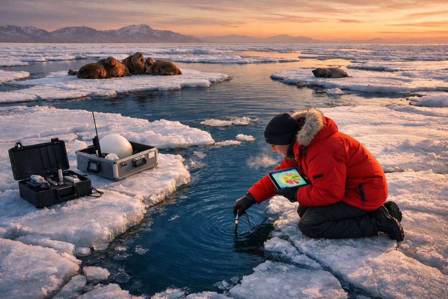 Investigador com casaco vermelho recolhe amostras no gelo, com três morsas ao fundo e equipamento científico.