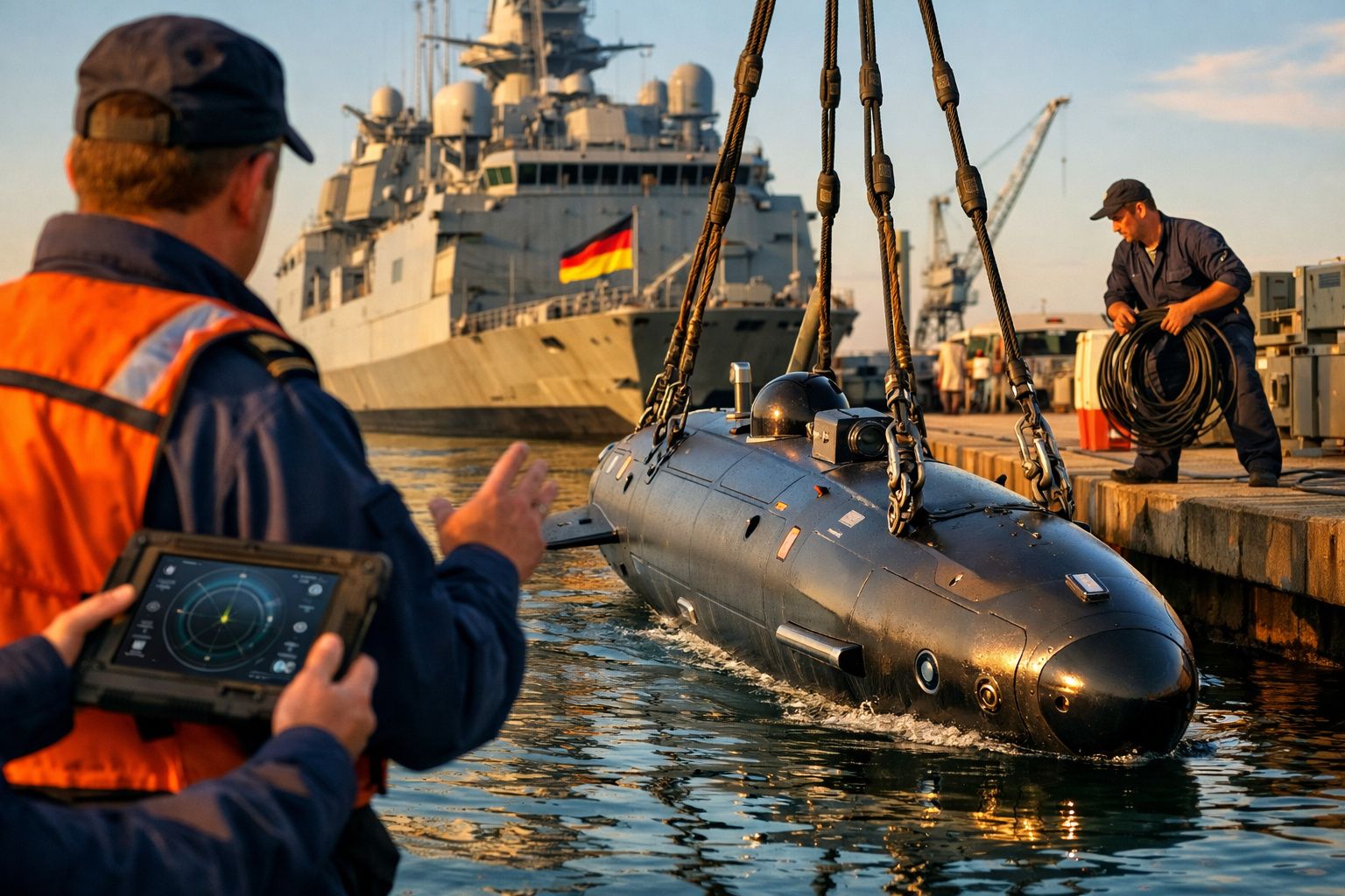 Marinheiros operam dispositivo subaquático suspenso junto a navio militar com bandeira da Alemanha no porto.