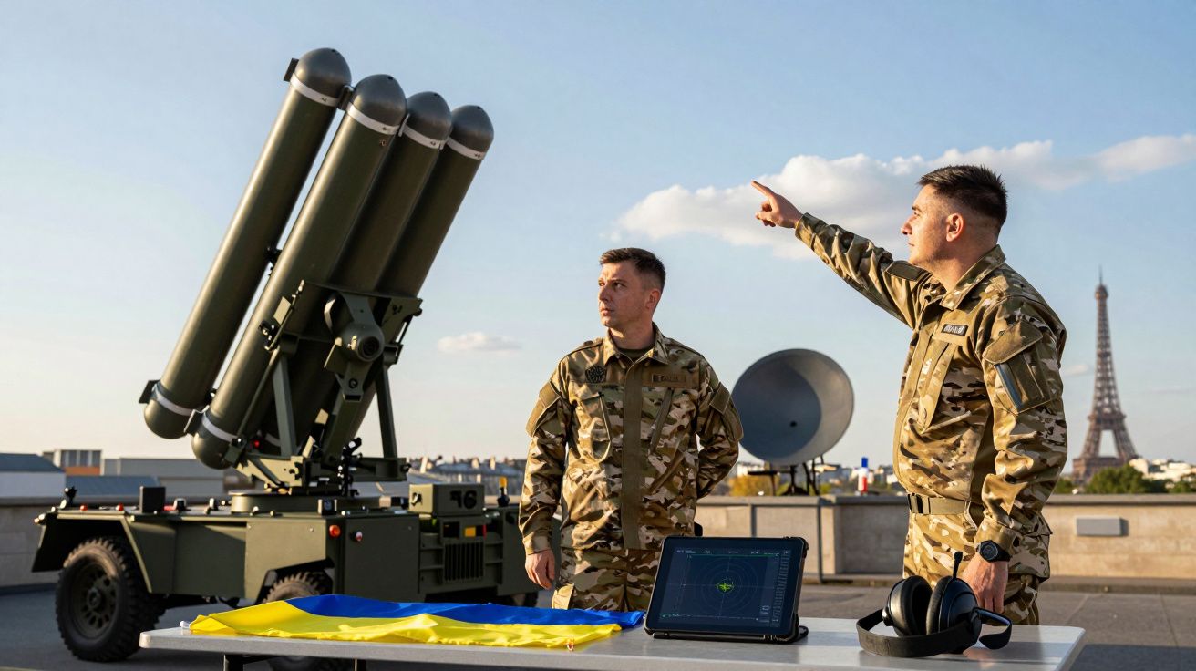 Dois soldados em uniformes camuflados junto a equipamento militar com a bandeira ucraniana e a Torre Eiffel ao fundo.