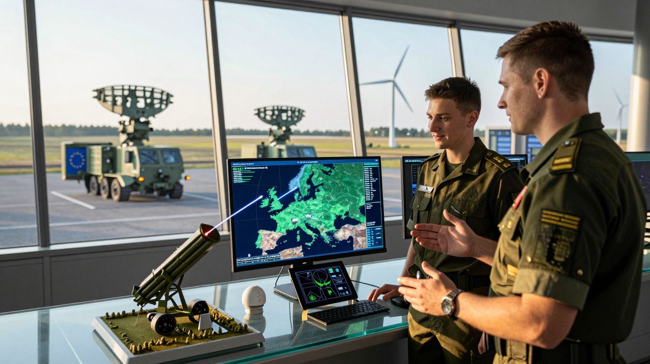 Dois militares analisam dados de radar europeu num posto de comando com veículos de radar visíveis através da janela.