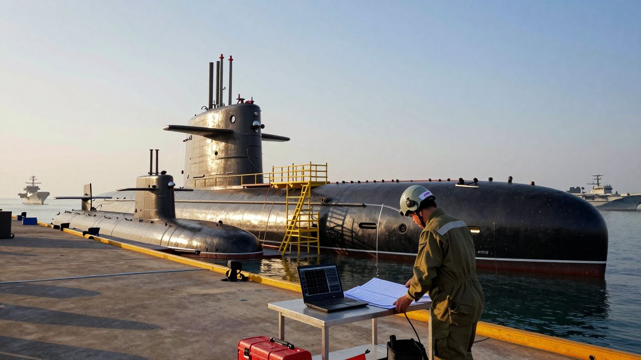 Homem em fato militar junto a submarinos ancorados no porto ao pôr do sol.