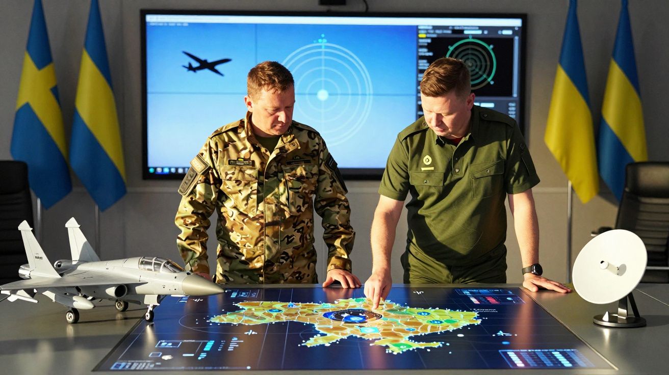 Dois militares a analisar um mapa digital táctico sobre uma mesa, com bandeiras da Suécia e Ucrânia ao fundo.