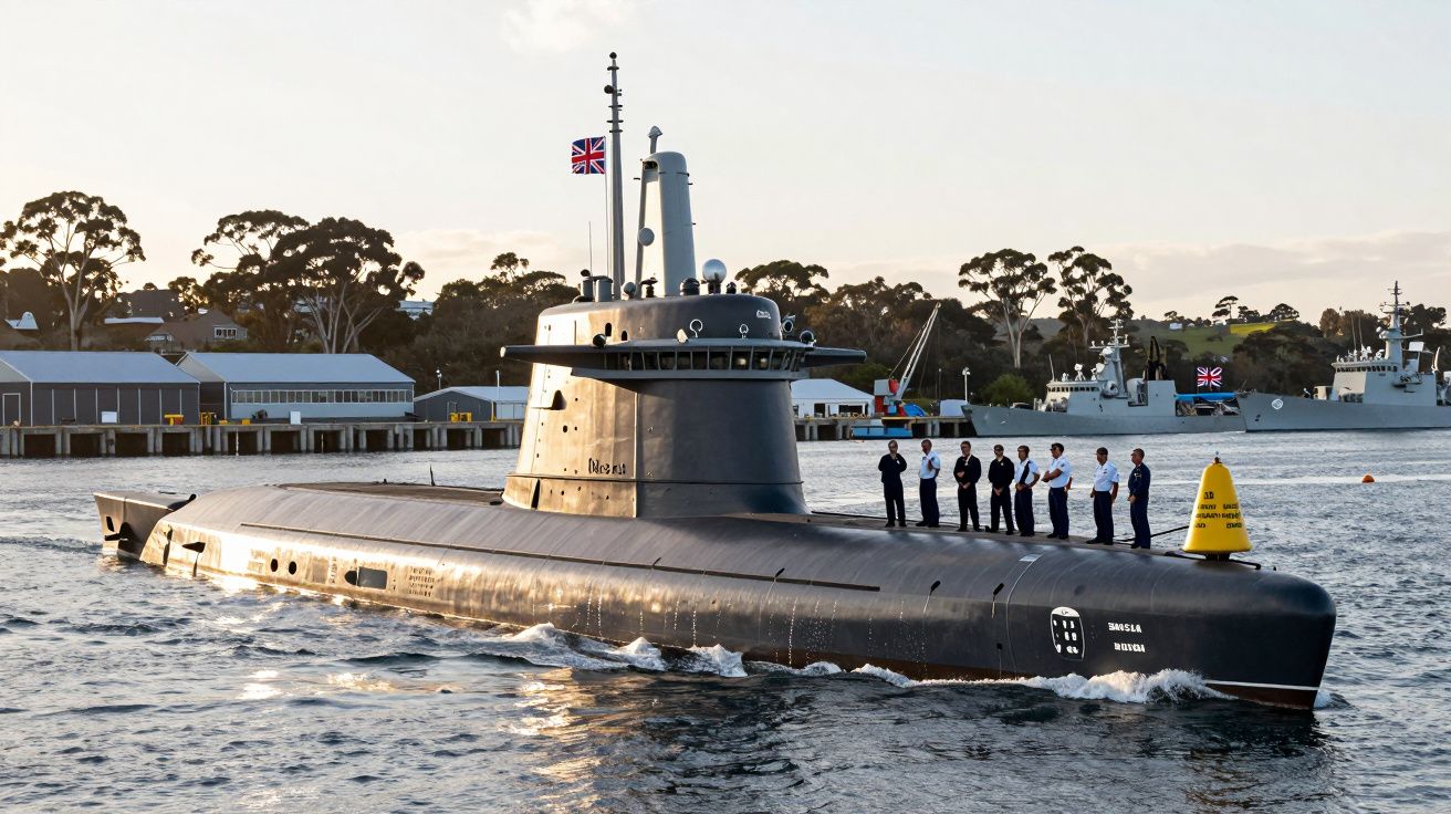 Submarino militar britânico em água costeira com marinha e edifícios ao fundo ao pôr do sol.