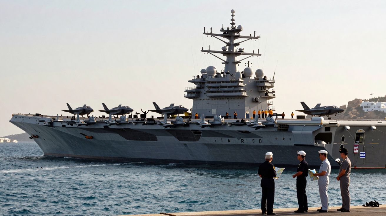 Porta-aviões militar cinzento com várias aeronaves na pista e quatro militares em primeiro plano junto ao mar.
