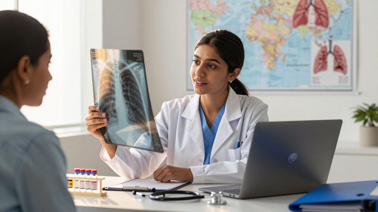 Médica mostra radiografia de tórax a paciente durante consulta numa clínica com mapa e imagens de pulmões ao fundo.