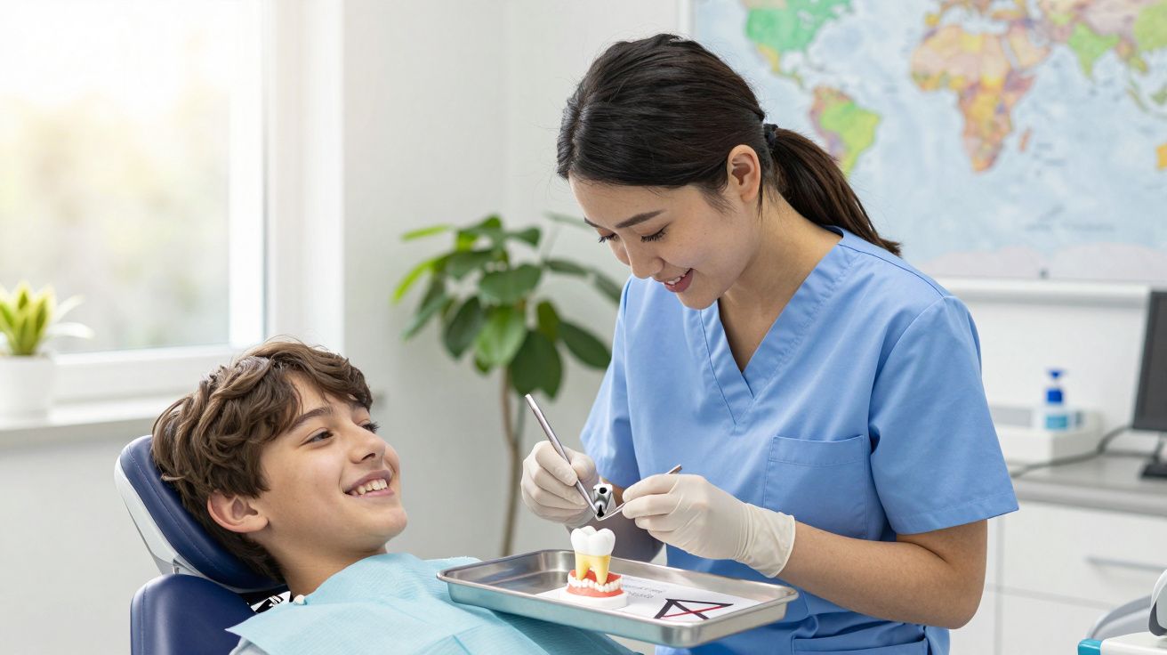 Dentista em consultório a mostrar modelo dentário a rapaz sorridente na cadeira de tratamento.