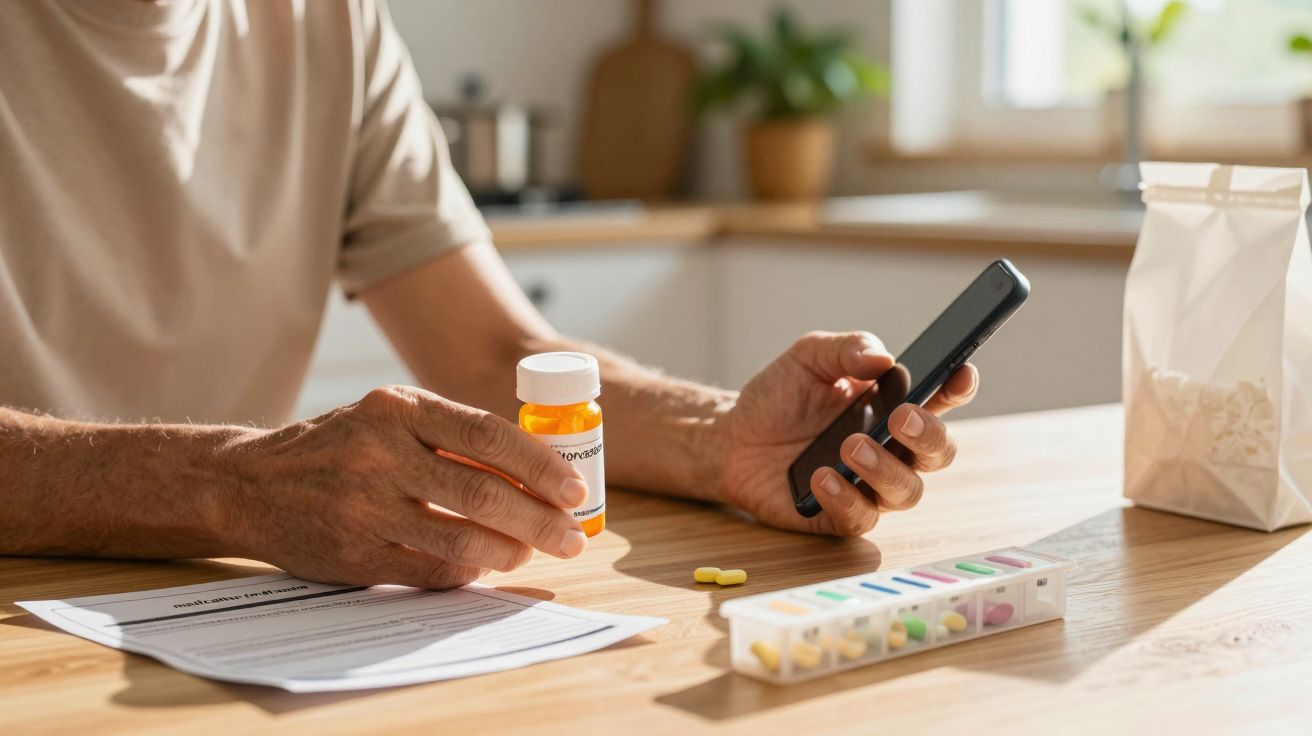 Pessoa segura frasco de comprimidos e telemóvel na cozinha, com receitas e pastilhas sobre a mesa.