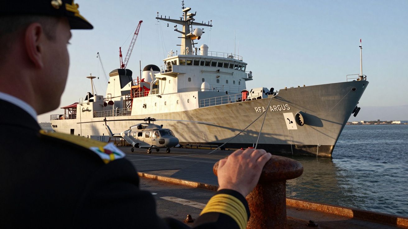 Oficial naval junto ao mastro observa navio RFA Argus atracado com helicóptero na doca ao amanhecer.